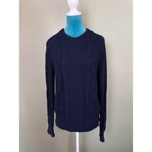 LLBean Signature Women L Cable Knit Fisherman Sweater Navy Blue Cotton